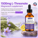 Magnesium L-Threonate Liquid Drops 1500mg High Absorption Brain Supplement for Memory Focus Sleep Sugar Free Vegan 2.04 Fl Oz,GMP Certification Applies to Both Kids and Adults.