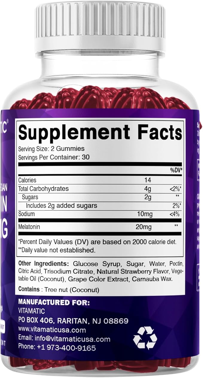 Vitamatic Melatonin 20 mg Gummies for Adults, 30 Servings - 60 Vegetarian Gummies - Non-Habit Forming Supplement