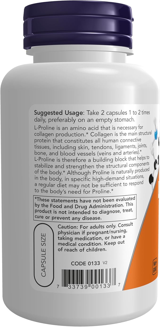 NOW Supplements, L-Proline 500 mg, Collagen Production*, Structural Support*, 120 Veg Capsules