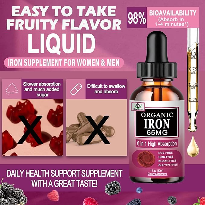 Iron Supplement for Women with Vitamin C,6-in-1 Liquid Supplement w/Vitamin B12,Vitamin B6,High Absorption Liquid Iron Drops for Red Blood Cells & Immune Support,Non-GMO, Gluten Free