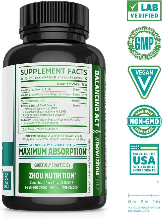 Zhou DIM Active - DIM Supplement, Hormone Balance for Women & Men, Hormonal Support with 250mg Diindolylmethane - 60 Vegan Capsules