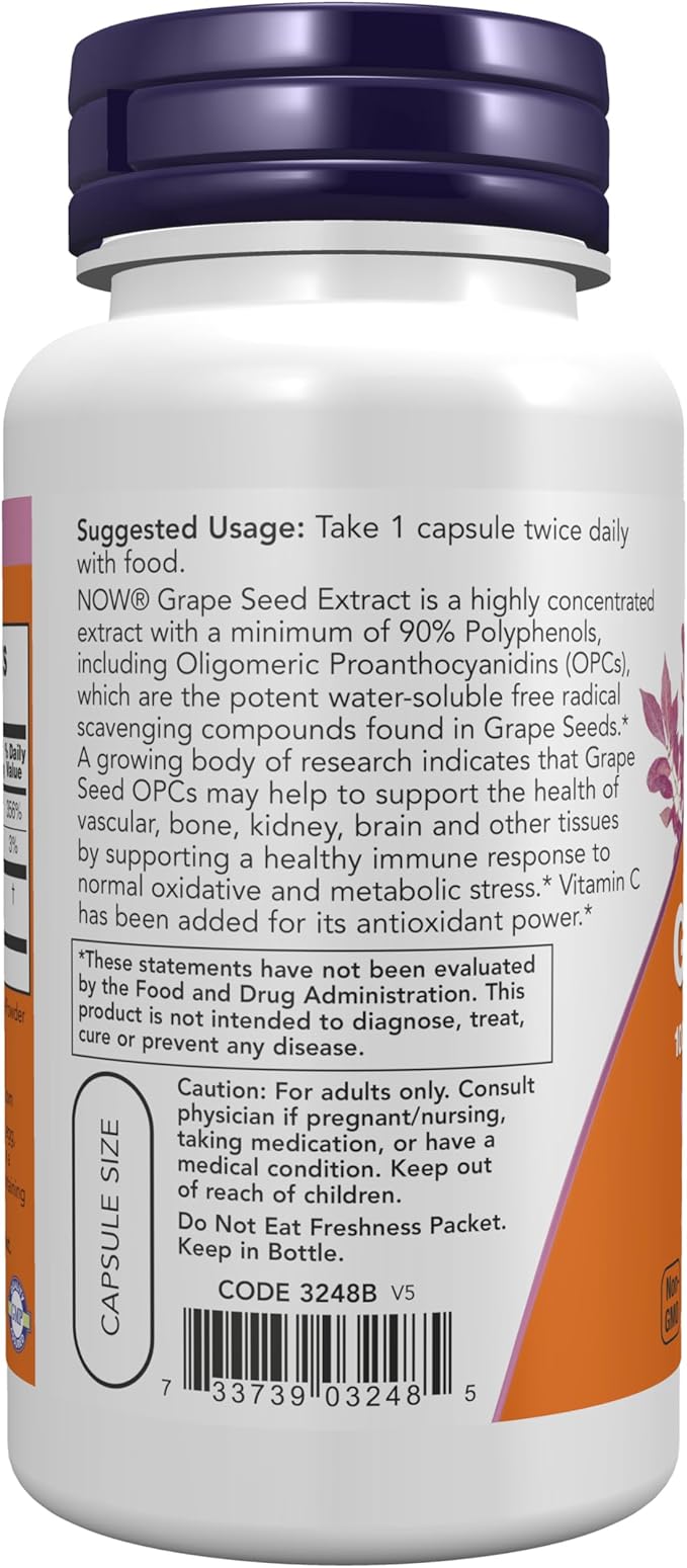 NOW Supplements, Grape Seed 100 mg - Standardized Extract, Highly Concentrated Extract with a Minimum of 90% Polyphenols, with Vitamin C, 100 Veg Capsules