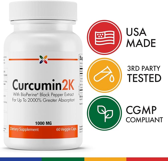 Stop Aging Now - Curcumin2K Formula with Bioperine - Brain & Heart Health, Antioxidants & Joint Health Support - Turmeric & Black Pepper Extract - 60 Vcaps (3 Bottle Multi-Pack)