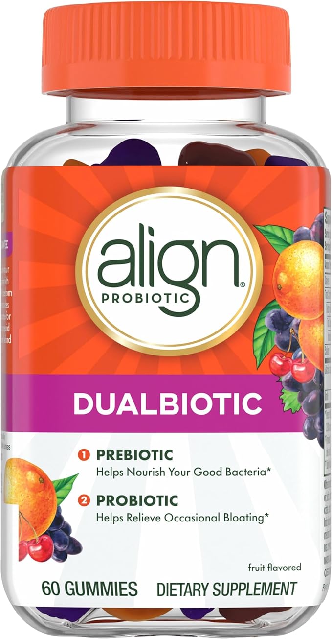 Align Dualbiotic, Prebiotics and Probiotics for Women and Men, Probiotics for Digestive Health, Prebiotics Help Nourish Good Bacteria, Natural Fruit Flavors, 60 Probiotic Gummies (Pack of 12)