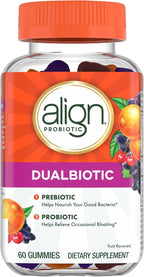 Align Dualbiotic, Prebiotics and Probiotics for Women and Men, Probiotics for Digestive Health, Prebiotics Help Nourish Good Bacteria, Natural Fruit Flavors, 60 Probiotic Gummies (Pack of 12)