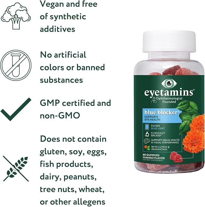eyetamins Blue Blocker® Eye Health - 60 Lutein Gummies - Ophthalmologist-Developed - Support Vision, Filter Blue Light & Help Eye Strain - Promotes Sleep, Focus Eyesight – Vegan & Non-GMO Formula