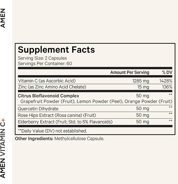 Amen Vitamin C+ Supplement with Zinc, Bioflavonoids, Quercetin, Rose Hips, Elderberry – Vegan, Non-GMO – 2 Months Supply - 120 Capsules