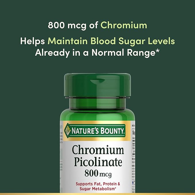 Nature's Bounty Chromium Picolinate, Supports Fat, Protein & Sugar Metabolism, Mineral Supplement, 800 mcg, 50 Tablets
