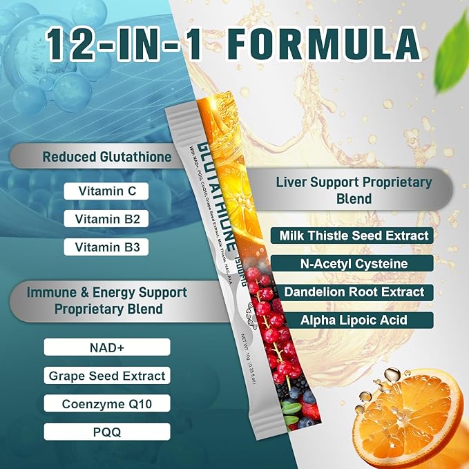 1500mg Liposomal Glutathione Supplement, 12-in-1 Ultra High Absorption Liquid Glutathione with NAD+, CoQ10, NAC & Alpha Lipoic Acid - Supports Natural Detoxification, Immune System & Antioxidant