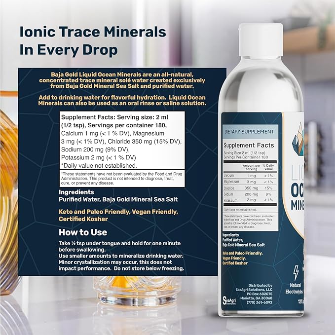 Baja Gold Liquid Trace Mineral Drops – Pure Ocean-Based Minerals for Water & Food | Unrefined Electrolytes for Balanced Taste | Mineral-Rich Saline Solution & Oral Cleanse | 12 fl oz, 90-Day Supply.