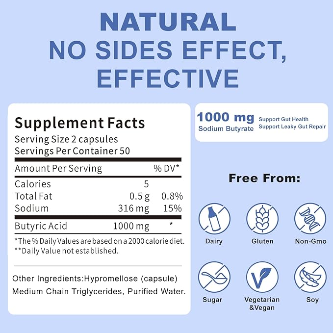 Sodium Butyrate, Butyrate Gut Health Supplement, Postbiotic for Gut, Stomach & Digestive, Support IBS, Leaky Gut, Gas & Bloat, Low Odor, 100 Vegan Capsules