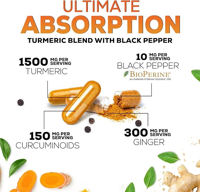 Turmeric Curcumin Supplement - 95% Curcuminoids with Organic Turmeric & Ginger, BioPerine Black Pepper Extract for Best Absorption, Natural Vegan Joint Support, Non-GMO, Bottled in USA - 60 Capsules