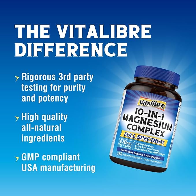 Vitalibre 10 in 1 Magnesium Complex, 420mg Elemental Magnesium | Ultra Strength, Max Absorption | Chelated Magnesium Supplement for Nerves, Bone & Heart Health | Non-GMO, 180 Vegan Capsules