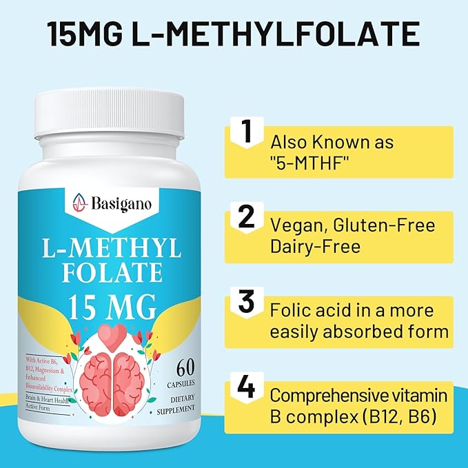L Methylfolate 15mg (5-MTHF) - Active Folic Acid with B6 and B12 - Vegan, Gluten-Free, Dairy-Free (1 Pack)