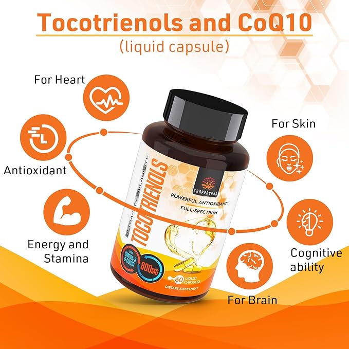 Kroppssund Tocotrienols 800mg Supplement | Rich in Vitamin E Tocotrienols | Cardiovascular, Antioxidant, Cellular Energy Production - 120 Liquid Capsules