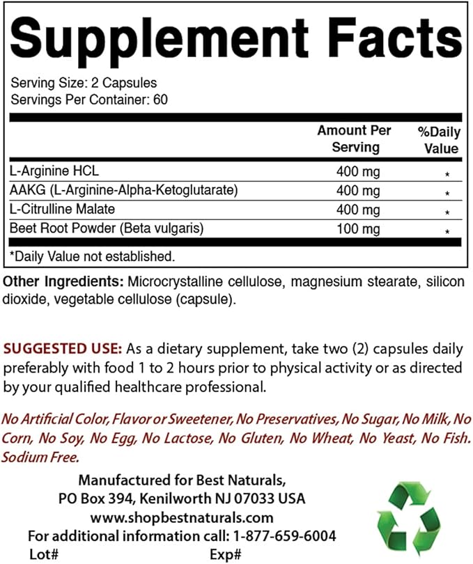 Best Naturals L-Arginine NO Booster Triple Strength 1300 mg Serving 120 Veg Capsules (120 Count (Pack of 3))