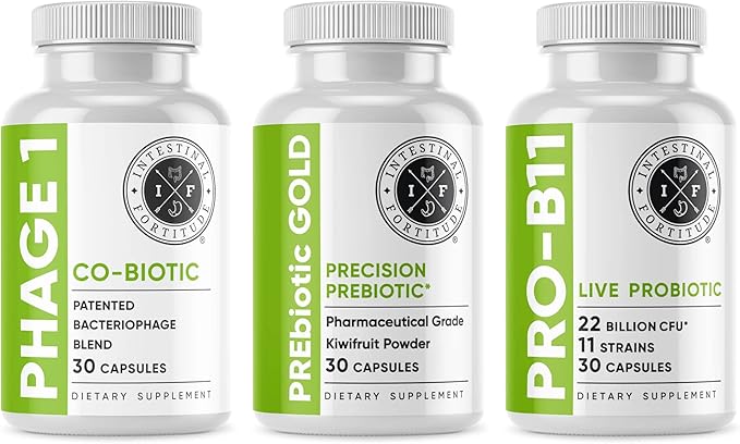Intestinal Fortitude Gut Health Supplement Bundle - PREbiotic Gold, PRO-B11, Phage 1 - w/Gold Kiwifruit Pectin, SCFAs, and 22 Billion CFU for Microbiome Support, Gluten, Soy, & Dairy-Free Capsules