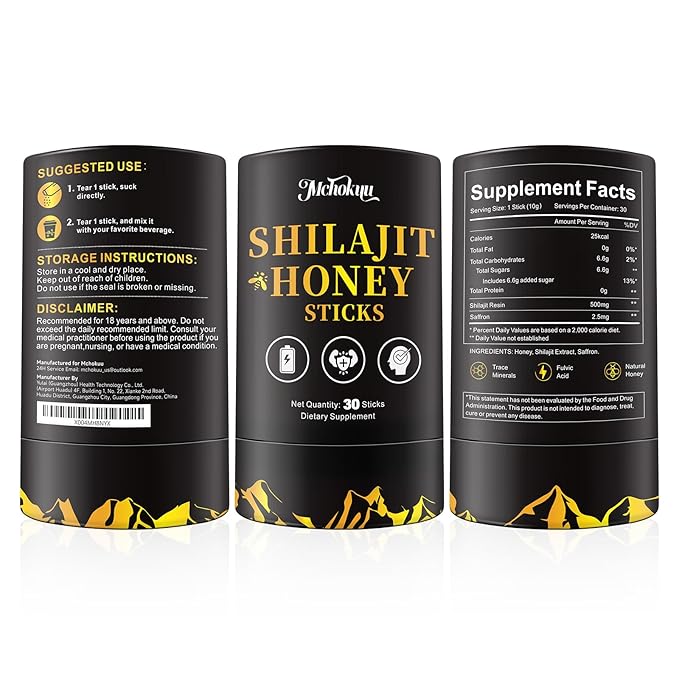 Mchokuu Shilajit Honey Sticks for Men & Women, Himalayan Shilajit with Organic Honey, 85+ Trace Minerals & 75%+ Fulvic Acid for Energy Support & Overall Health, 30 Sticks