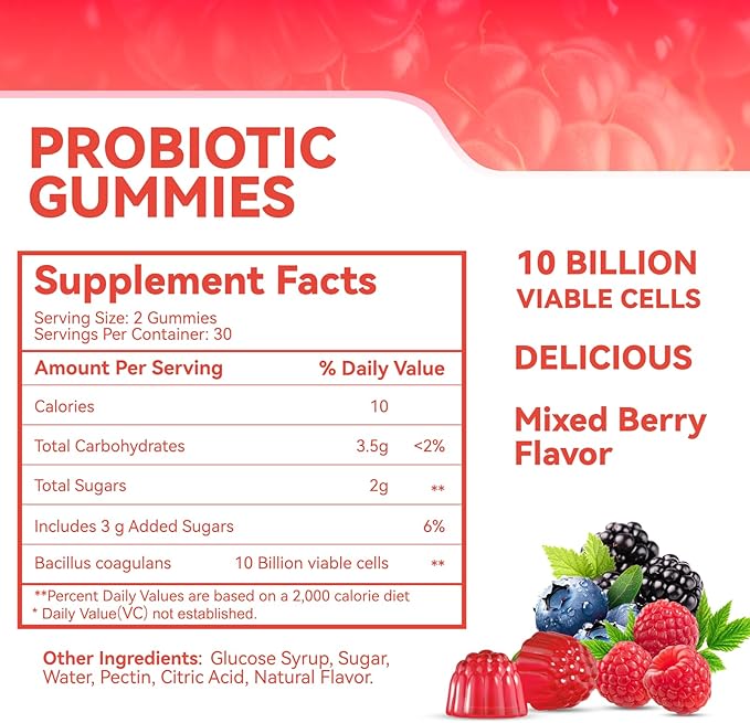 Probiotic Gummies 10 Billion CFU, Bacillus Coagulans for Digestive & Immune Support, Vegan, Non-GMO, Strawberry & Mixed Berry Flavor, 60 Count(Pack of 2)