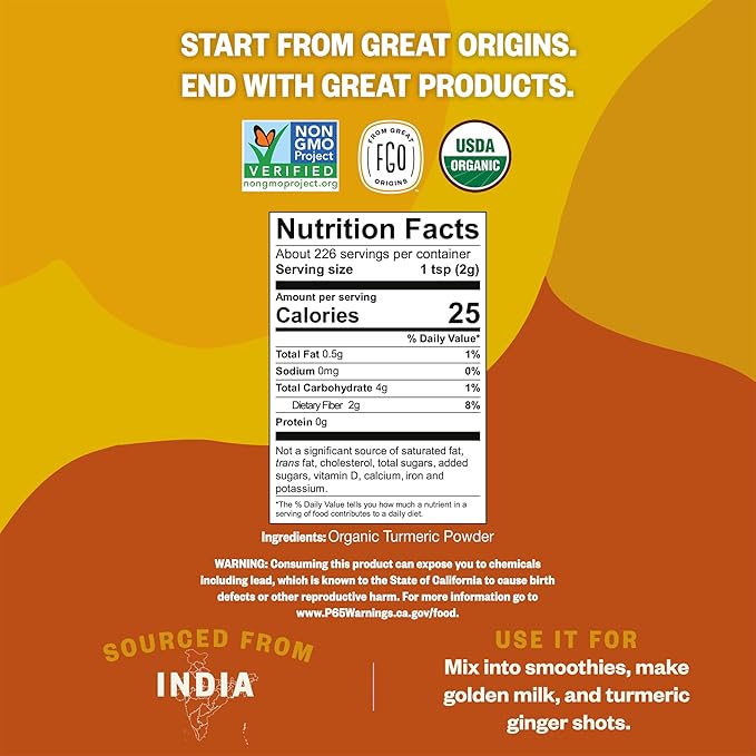 FGO Organic Turmeric Powder w/Curcumin, 1 Pound / 16oz Bulk Resealable Pouch, USDA Organic and Non-GMO, Sourced from India, Packaging May Vary (Pack of 1)