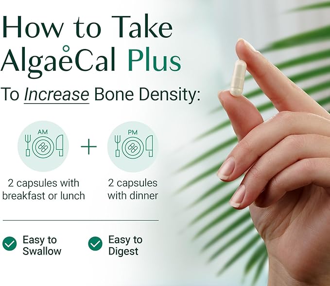 ALGAECAL Organic Red Algae Calcium Supplement for Bone Density & Strength, Vitamin K2 MK7 (100mg), Vitamin D3 (1600 IU), Magnesium (350mg) & Trace Minerals, Easy to Swallow, 120 Veggie Caps, 3 Packs