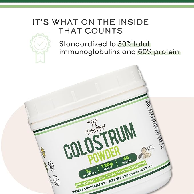 Double Wood Supplements Bovine Colostrum Powder for Women and Men, for Gut Health, Skin & Hair, Immune Support (120 Grams, 60 Day Supply - Standardized to 30% Total Immunoglobulins and 60% Protein)