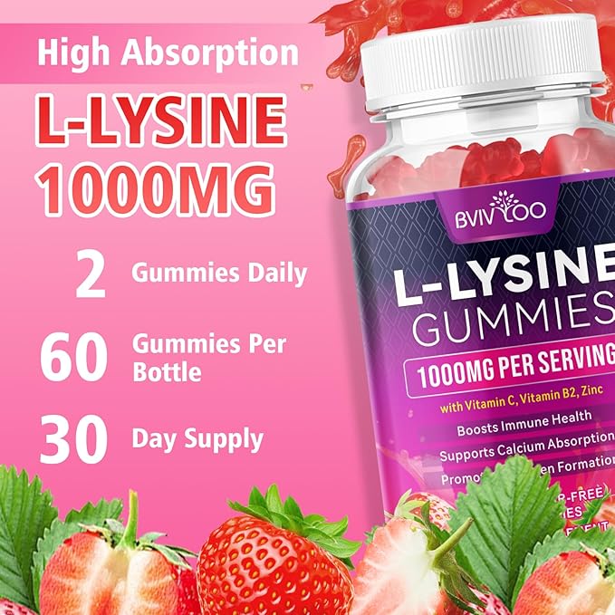 L-Lysine 1000mg Gummies for Immune Support & Skin Health - High Potency Vegan Gummies, Sugar-Free, Natural Berry Flavor, Gluten-Free Chewable Supplement for Adults & Kids - 60 Gummiess