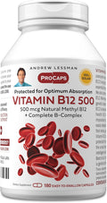 ANDREW LESSMAN Vitamin B12 500 180 Capsules - Absorption-Protected Methylcobalamin (Natural Coenzyme Vitamin B12), Essential for Energy and Stress Support, Plus B-Complex, Easy to Swallow Capsules