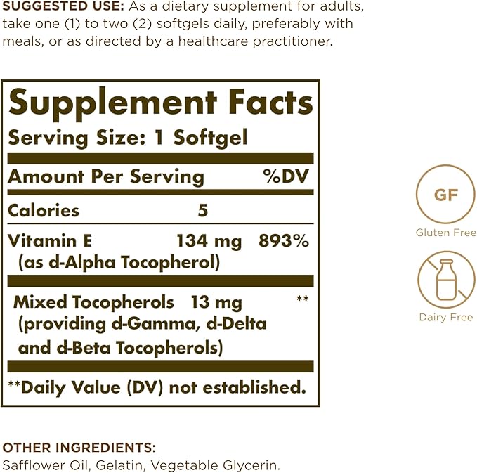 Solgar Vitamin E 200 IU - 100 Softgels - Natural Antioxidant, Immune System Support - Gluten Free, Dairy Free - 100 Servings
