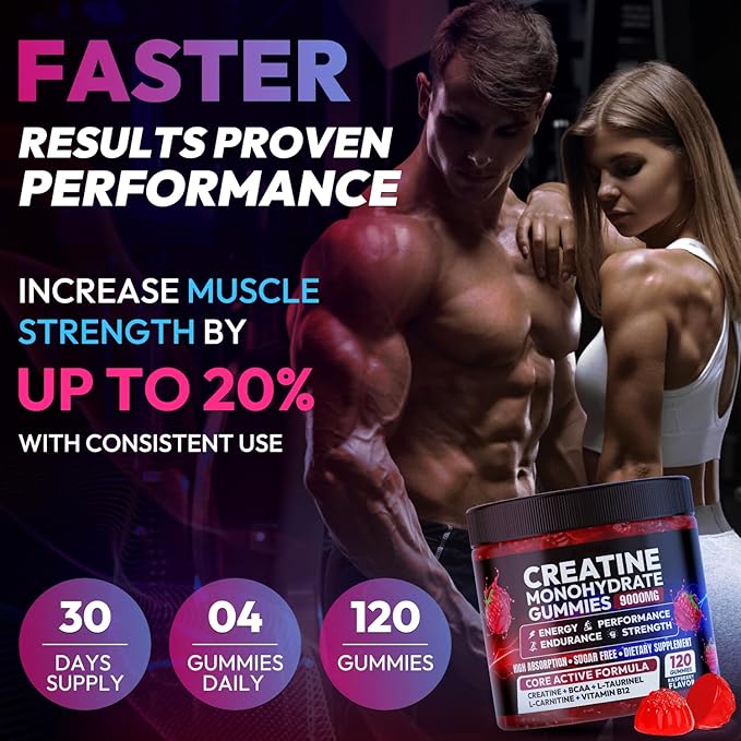 Creatine Gummies Monohydrate Complex 9000MG, Pre-Workout for Men & Women, Creatine Gummy with L-Taurine, BCAA 2:1, B12/6 for Muscle Support, Enhance Strength, Energy Boost-120 Count