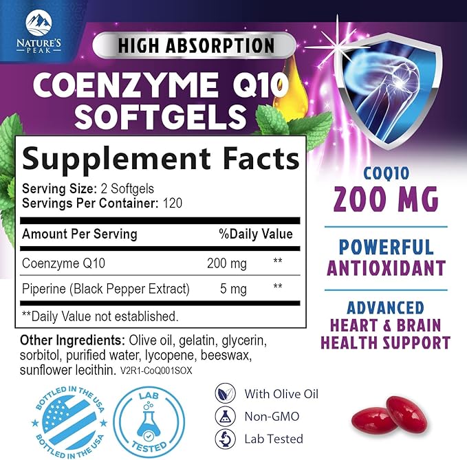 CoQ10 Softgels - Ultra High Absorption Coenzyme Q10 200mg Per Serving - Co Q 10 Softgel Supplement With Black Pepper, Energy & Heart Support Antioxidant - for Women & Men, Bottled USA - 240 Softgels
