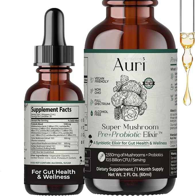 Auri Nutrition Super Mushroom Pre+Probiotic Elixir – 3-in-1 Gut Health Supplement w/7 Probiotic Strains, Prebiotic Mushrooms & Postbiotic Support – Vegan, Non-GMO, Shelf Stable – 30 Servings