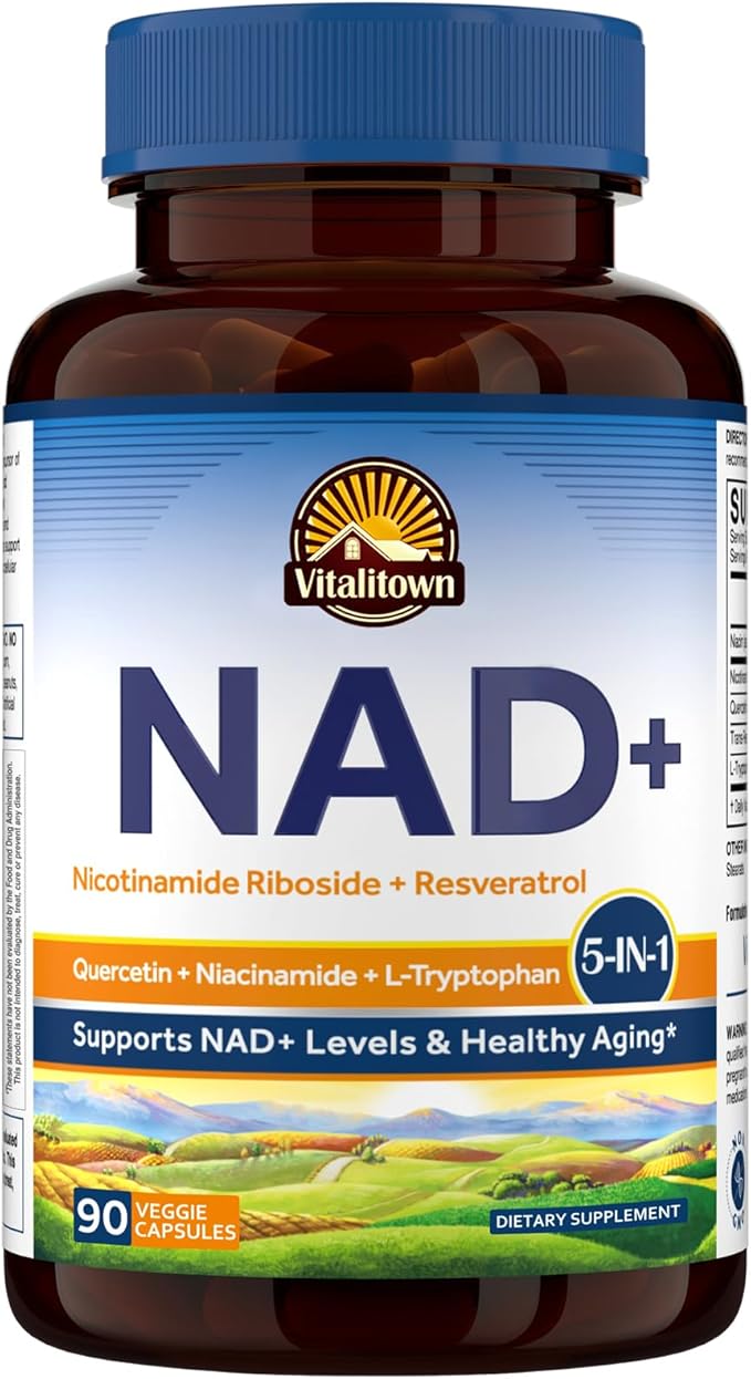 Vitalitown 5 in 1 NAD+, NMN Supplement Alternatives, Nicotinamide Riboside (NR), Trans-Resveratrol, Quercetin, Niacinamide, L-Tryptophan, for Cellular Energy, Heart, Skin, 90 Veggie Capsules