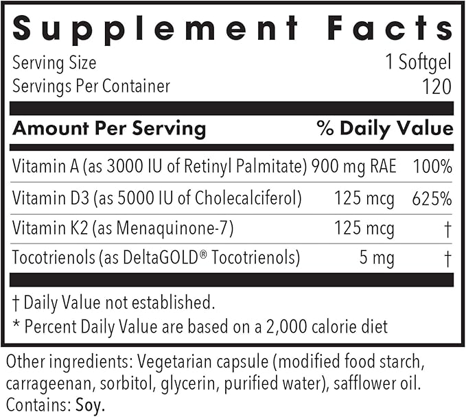 Allergy Research Group Vitamin D3 Complete 5000 - Delivers 125 mcg Vitamin D3 - with Vitamin A & K2 - Supports Bone Strength, Immune Balance & Healthy Mindset - 120 Servings - 120 Capsules