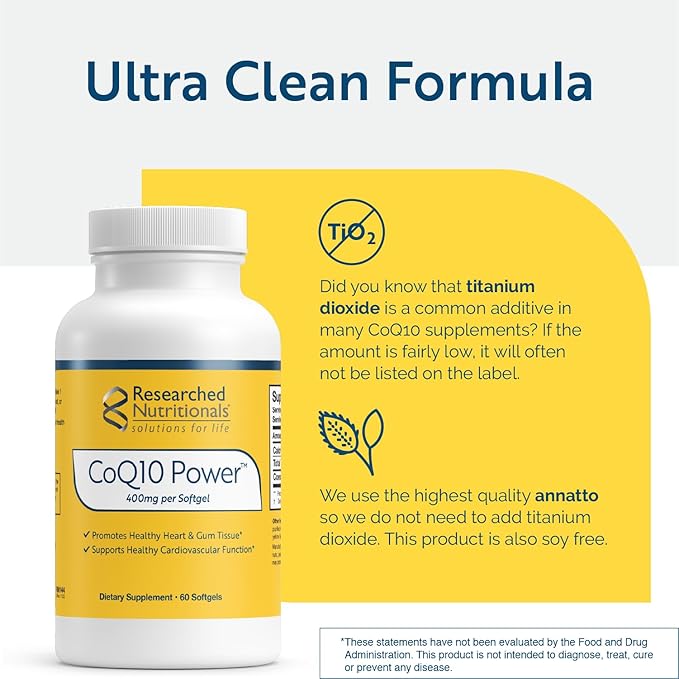 Researched Nutritionals CoQ10 400mg Softgels for Heart Health - Therapeutic-Strength Coenzyme Q10 Supplement - Support Natural Energy & Immune Function, Promote Healthy Gum Tissue (60 Softgels)
