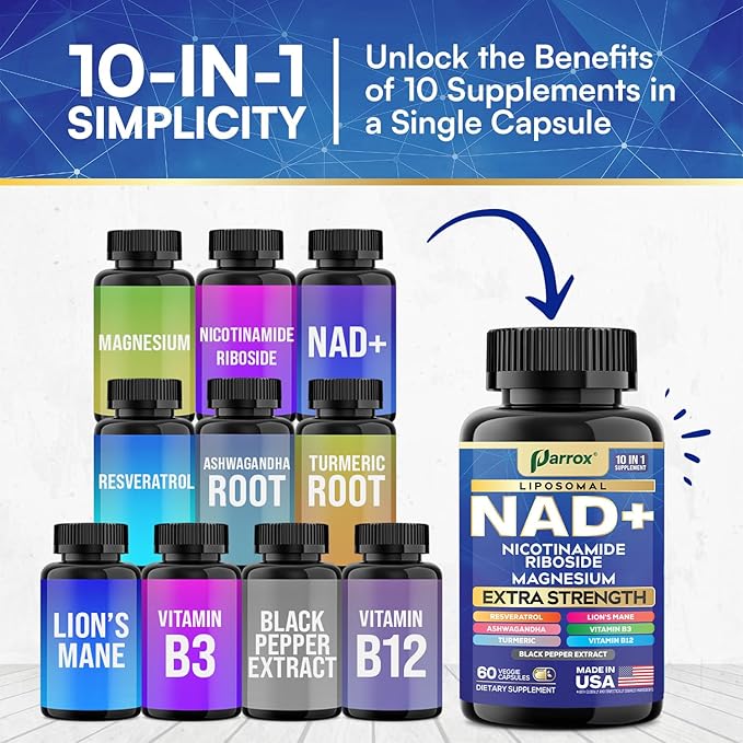 NAD+ Supplement with Liposomal NAD+, Nicotinamide Riboside, Magnesium, Vitamin B3 & B12, Resveratrol, Turmeric, Ashwagandha, Lion’s Mane,10-in-1 Extra Strength (3 Pack)