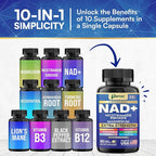 NAD+ Supplement with Liposomal NAD+, Nicotinamide Riboside, Magnesium, Vitamin B3 & B12, Resveratrol, Turmeric, Ashwagandha, Lion’s Mane,10-in-1 Extra Strength (2 Pack)