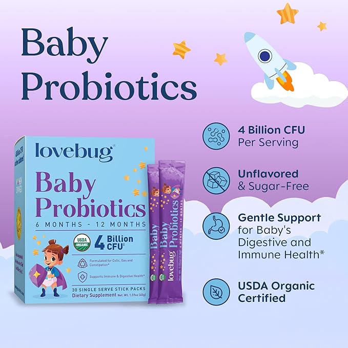 LOVEBUG Award Winning USDA Organic Probiotic for Babies | Multi-Strain 4 Billion CFU | Easy-to-Take Powder | Sugar Free | Ages 6-12 Months | 30 Packets