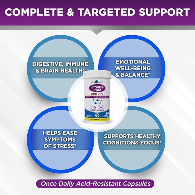 Vital Planet - Intense Care Brain & Mood Probiotics, Organic Prebiotics, Postbiotics, Parabiotics, Complete 4-in-1 Health Supplement for Adults, 65 Billion CFU, 67 Strains, Digestive and Immune 30 ct