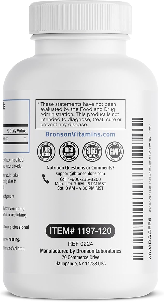 Bronson Alpha Lipoic Acid 600mg Free Radical Scavenger Supports Antioxidant Health - Non-GMO, 120 Vegetarian Capsules (60 Servings)
