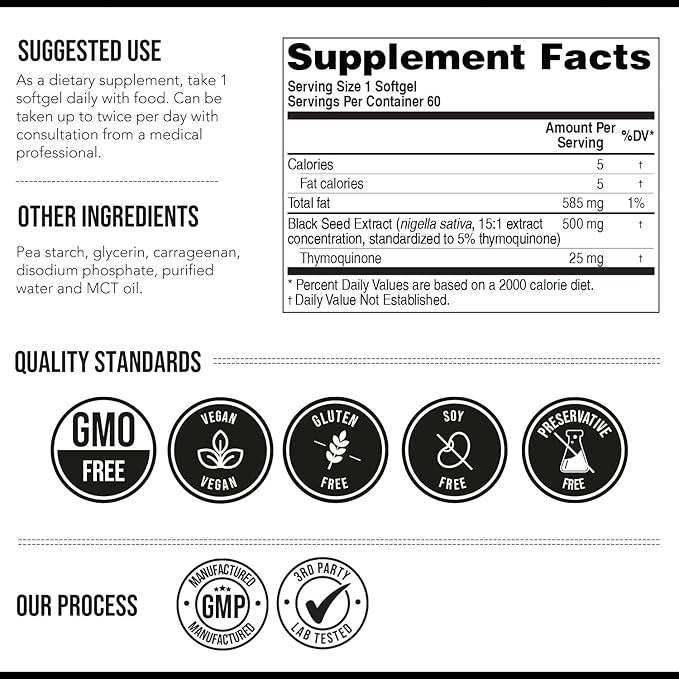 Black Seed Oil Softgels | 5% Thymoquinone - TQ-Advanced® | High Potency - 500 mg per Capsule - 15:1 Concentrate from Nigella Sativa Extract, Raw Form, Vegan Formula, Glass Bottle (60 Softgels)