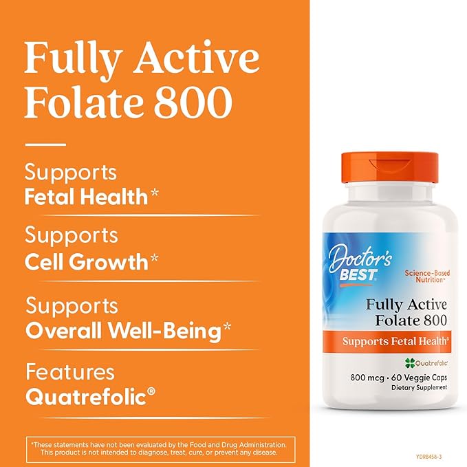 Doctor's Best Folate Supplement 800 mcg for Women & Men - Methylated Folate Capsules 800mcg (5-MTHF), Supports Healthy Fetal Brain Development, Fully Active - 60 Veg Caps
