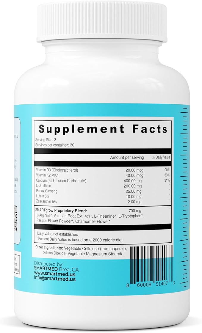 SmartGrow Premium Growth Formula for Teens – Bone, Brain, Sleep & Eye Support – Calcium, Vitamin D3, Amino Acids – Daily Wellness Supplement (180 Capsules) – 3 Month Supply