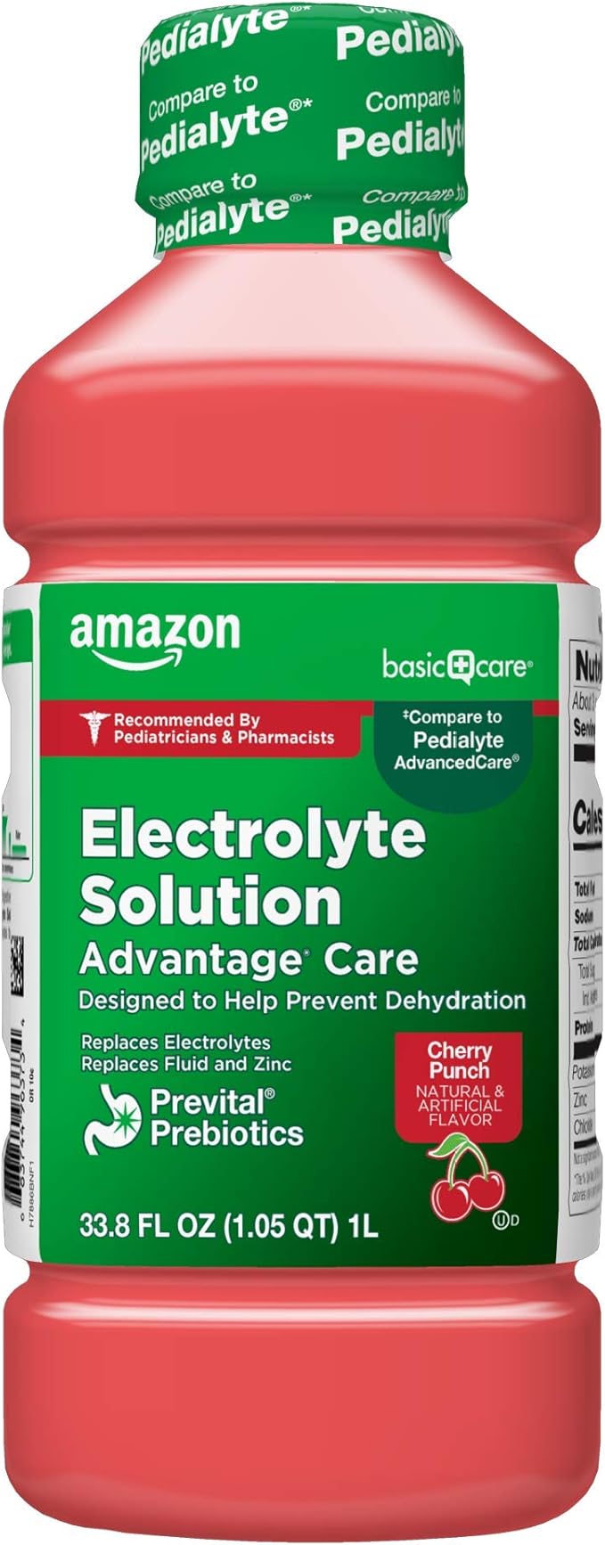 Amazon Basic Care Electrolyte Solution Advantage Care with PreVital Prebiotics, Cherry Punch, Designed to Help Prevent Dehydration, Replaces Electrolytes, Fluid and Zinc, 33.8 fl oz (Pack of 1)