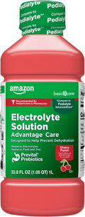 Amazon Basic Care Electrolyte Solution Advantage Care with PreVital Prebiotics, Cherry Punch, Designed to Help Prevent Dehydration, Replaces Electrolytes, Fluid and Zinc, 33.8 fl oz (Pack of 1)
