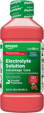 Amazon Basic Care Electrolyte Solution Advantage Care with PreVital Prebiotics, Cherry Punch, Designed to Help Prevent Dehydration, Replaces Electrolytes, Fluid and Zinc, 33.8 fl oz (Pack of 1)