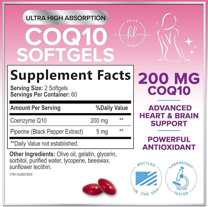 Coenzyme Q10 200mg per Serving Supplement - Ultra High Absorption, Antioxidant for Heart Health & Energy Production Support - CoQ10 (Ubiquinone) Co Q 10 Supplement & Vitamins 100mg Each - 120 Softgels
