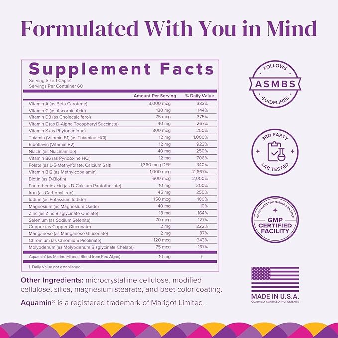 BariMelts Once Daily Bariatric Multivitamin with Iron, 60 Easy-Swallow Caplets (2-Month Supply), Multivitamin for Women, Multimineral Complex, Supports Nutrition After Bariatric Surgery