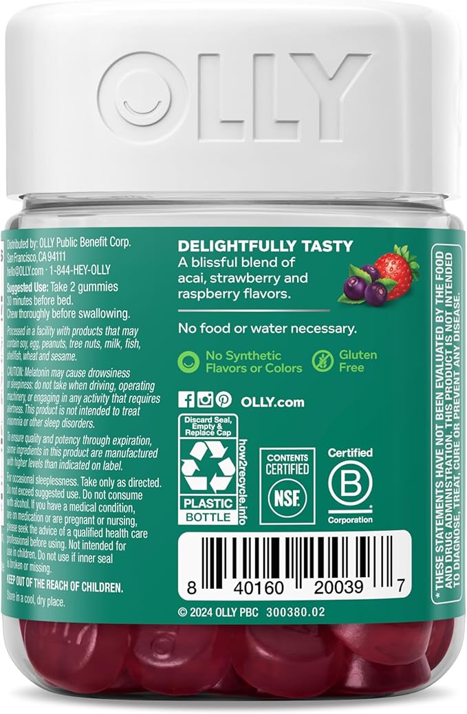 OLLY Muscle Recovery Sleep Gummies, Sleep and Sore Muscle Support, 3mg Melatonin, Tart Cherry, Vitamin D, Berry Flavor - 40 Count