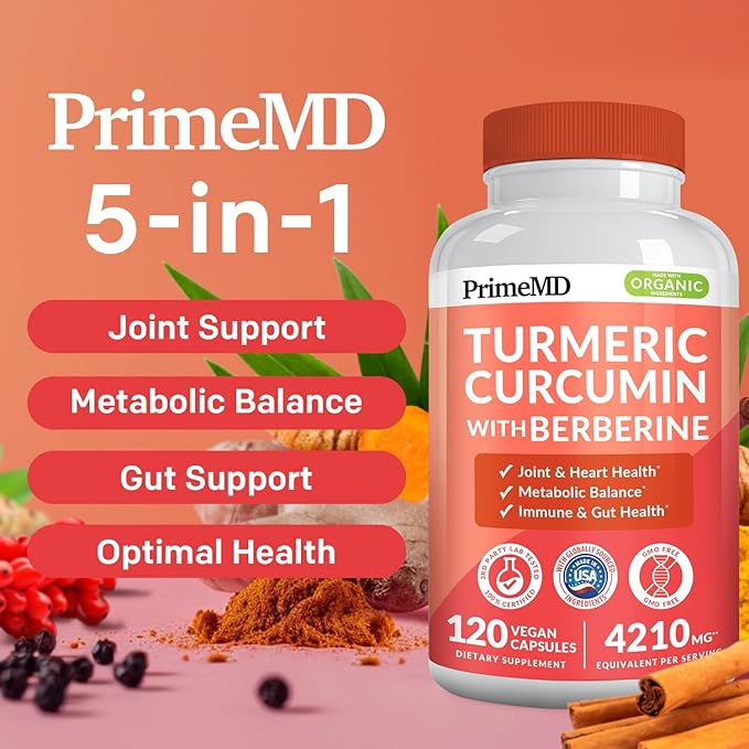 5-in-1 Organic Turmeric Curcumin Supplement (4210mg) with Berberine, Ceylon Cinnamon Bioperine and Ginger Supplements for Joint, Heart, Gut, & Metabolic Support (60 Servings) (Pack of 4)